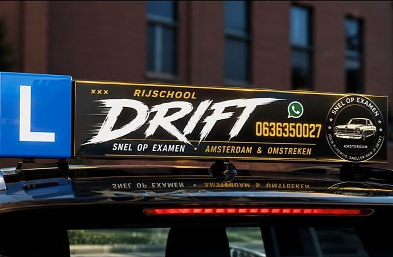 Dakbord van Rijschool Drift op de lesauto bij avond
